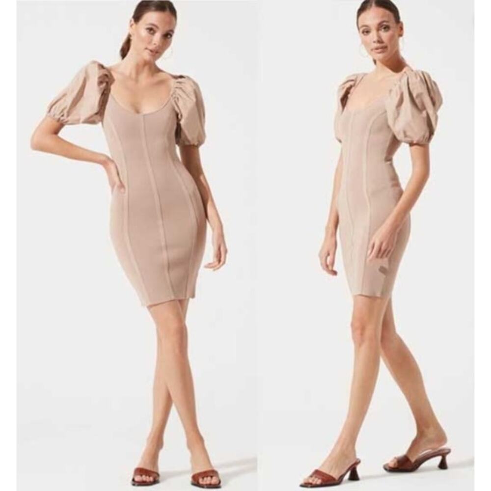 ASTR Beige Nude‎ Balloon Sleeve Ribbed Bodycon Mini Dress Size Small NWOT